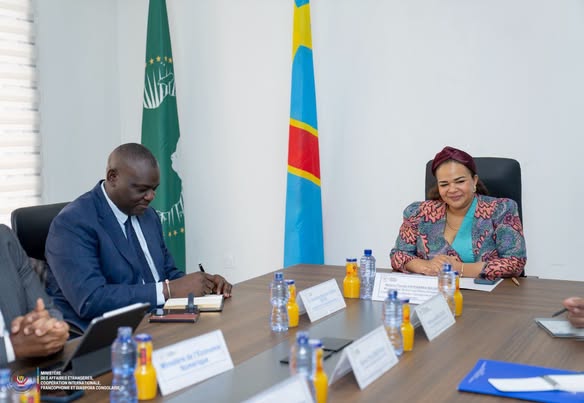 Thérèse Kayikwamba Wagner et Kibassa Maliba lors des échanges sur la plateforme numérique de visa électronique en RDC.