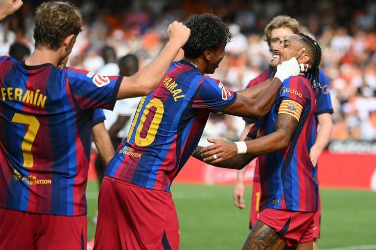 Joueurs du FC Barcelone célébrant une victoire en championnat d’Espagne.