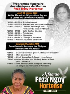 Portrait de Feza Ngoy Hortense, dont les obsèques sont prévues les 8 et 9 octobre 2026 à Kinshasa.