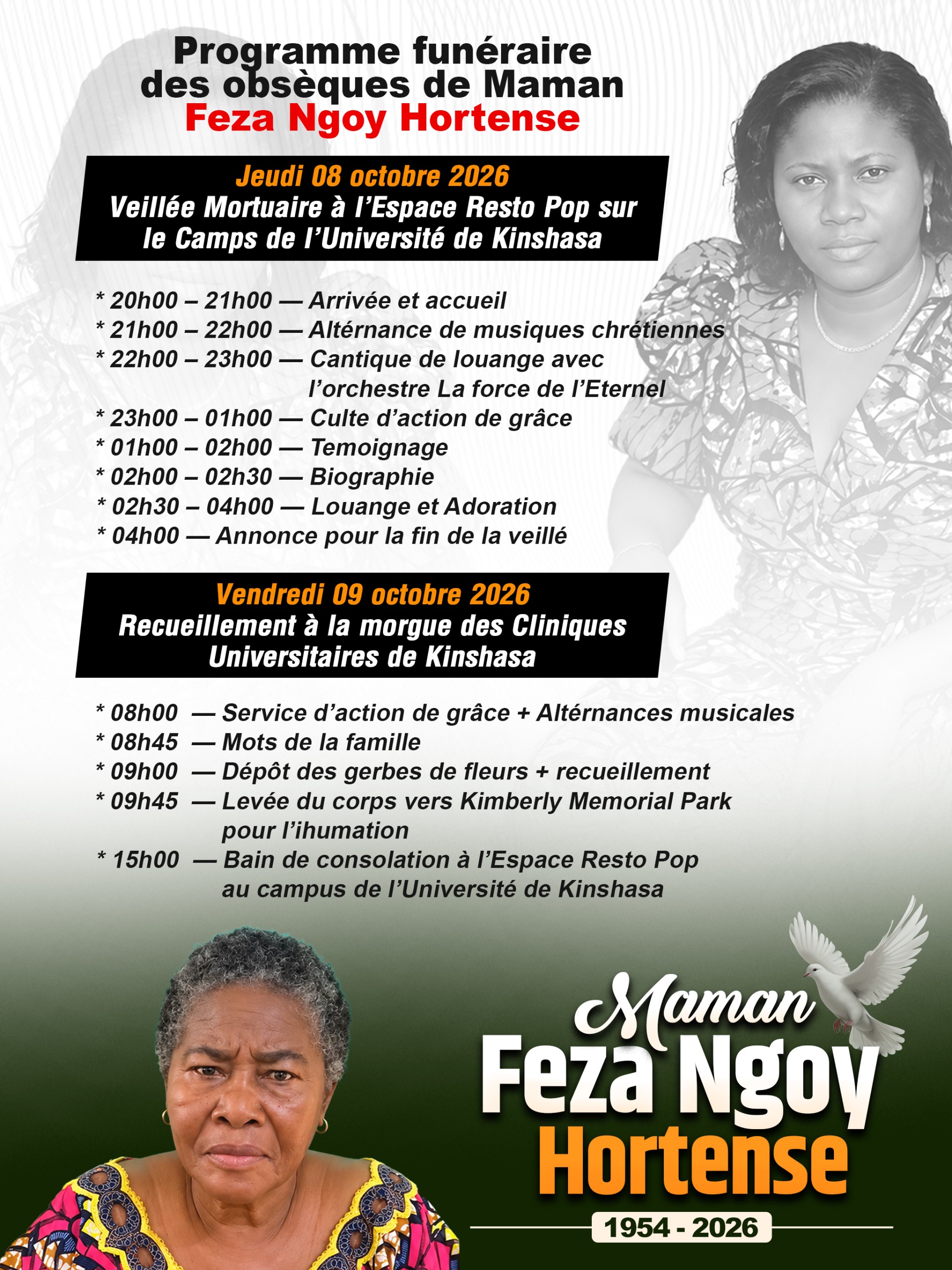 Portrait de Feza Ngoy Hortense, dont les obsèques sont prévues les 8 et 9 octobre 2026 à Kinshasa.